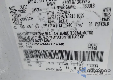 2010 Ford F-150 Stx/Xl из США, поврежденный, VIN 1FTEX1CW4AFC14348